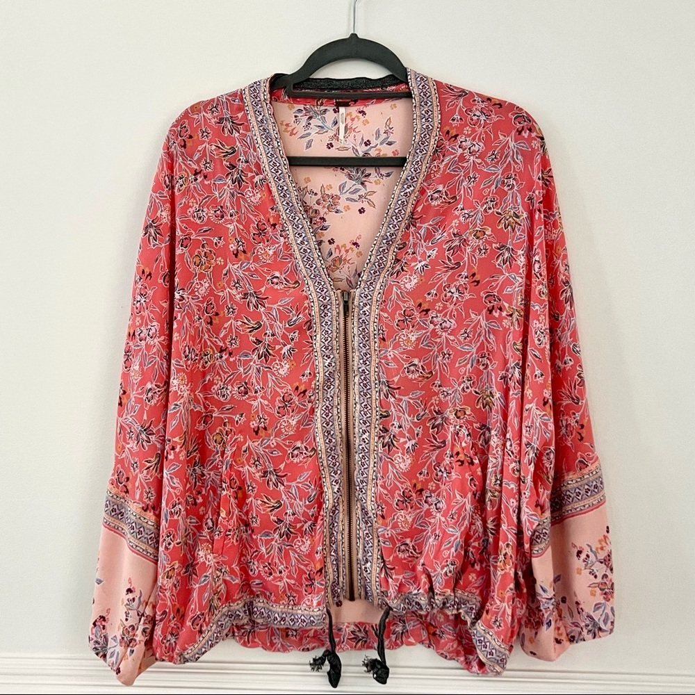 Free People Pink/Coral Floral Zip Up Blouse Size Women's XS/S Kimono Sleeve